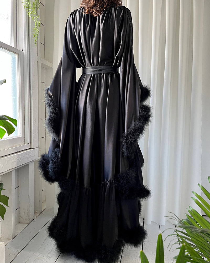 Feather Trim Kimono Robe and Silk Nightgown for Be My Bridesmaid Proposal,  Bridesmaid Robe as Dressing Gown, Nightgown and Black Robe Set - Etsy